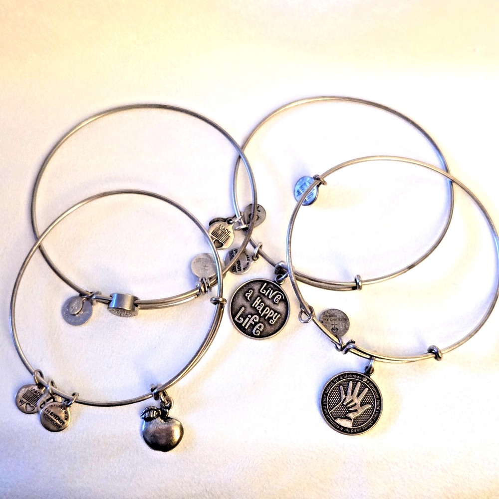 Alex & Ani Bangle Charm Bracelets 4 Lot Bundle Mother Apple Tree Live Happy Life
